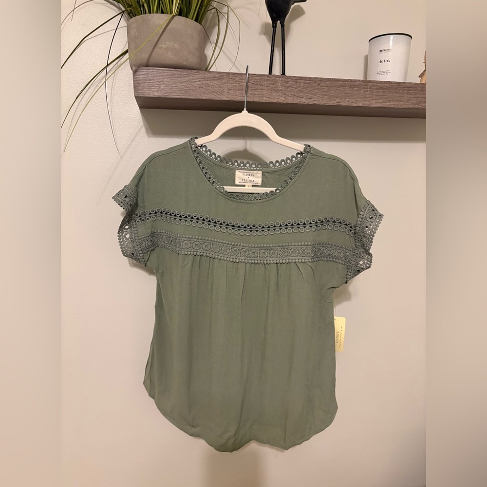 Olive Crochet-Trim Short Sleeve Blouse